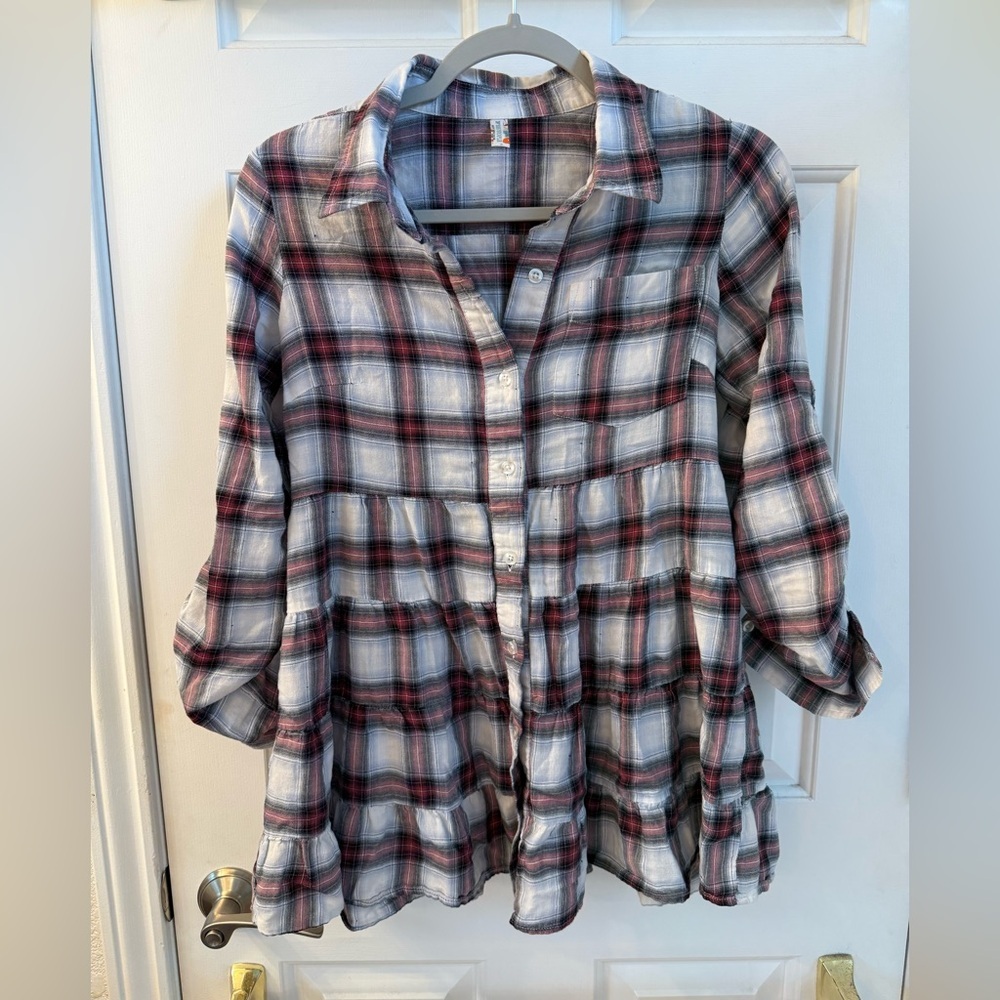 Free People White Black and Red Plaid Button-Down Shirt